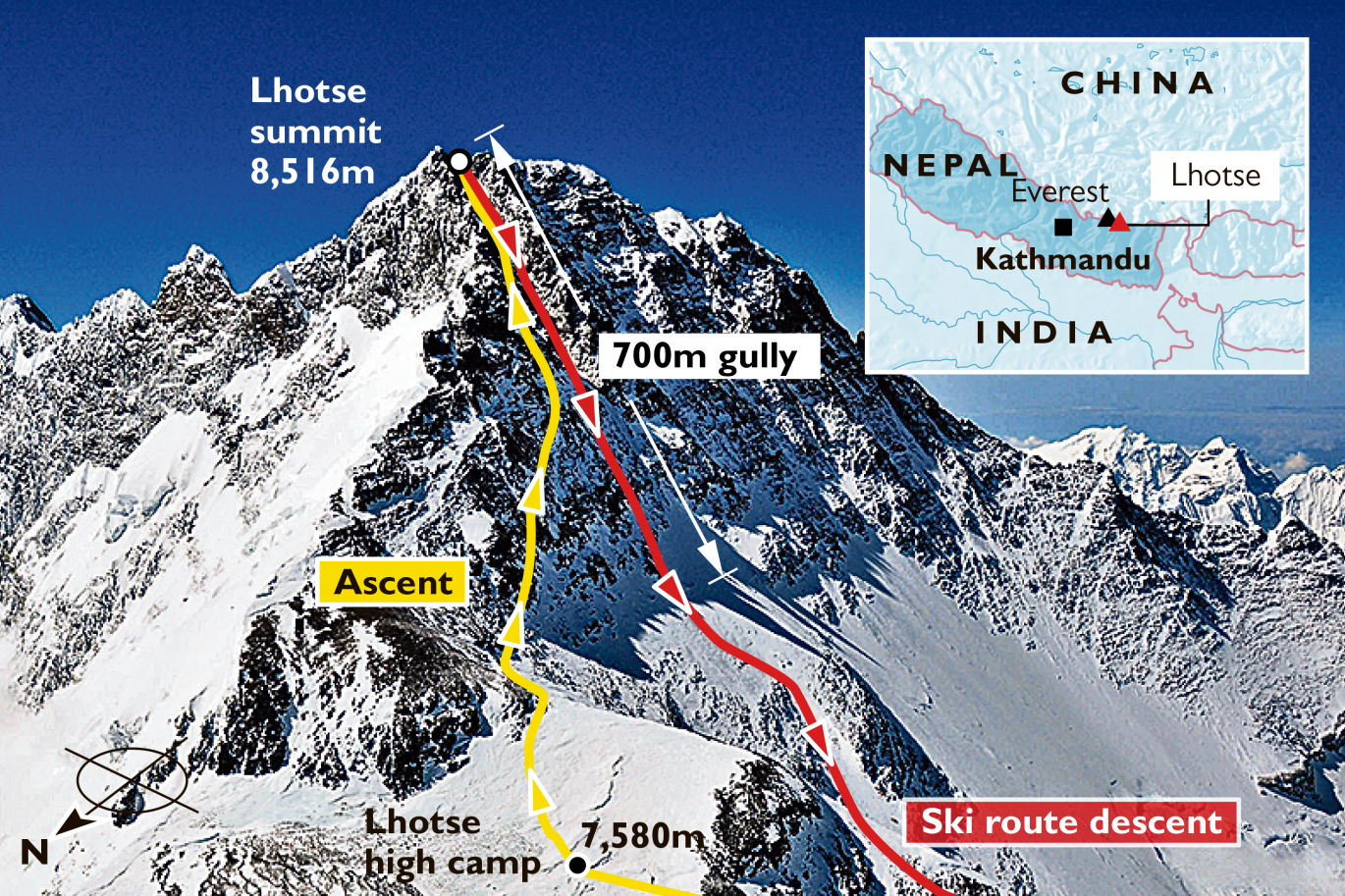 A mászás és a síelés útvonala (Kép: thetimes.co.uk)