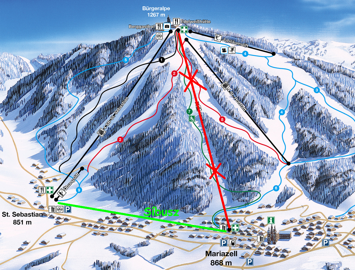 Pirossal az átépítés alatti lift, zölddel a pótlóbusz jelölve