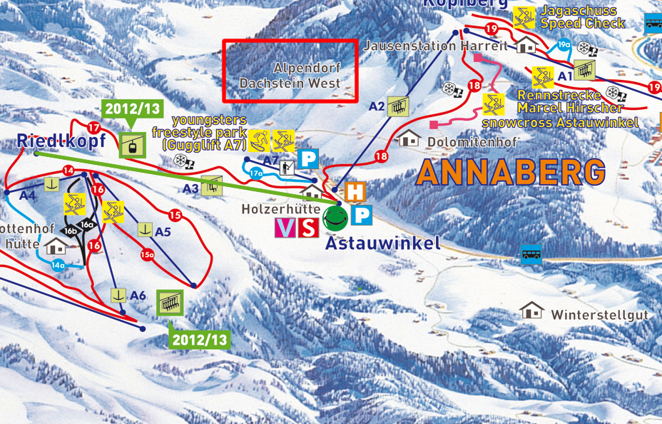 Így nézett ki a 2011/12-es szezonban a sítérkép. A pirossal bekeretezett részen található a üdülőfalu, a tervezett új lift pedig zölddel van jelölve