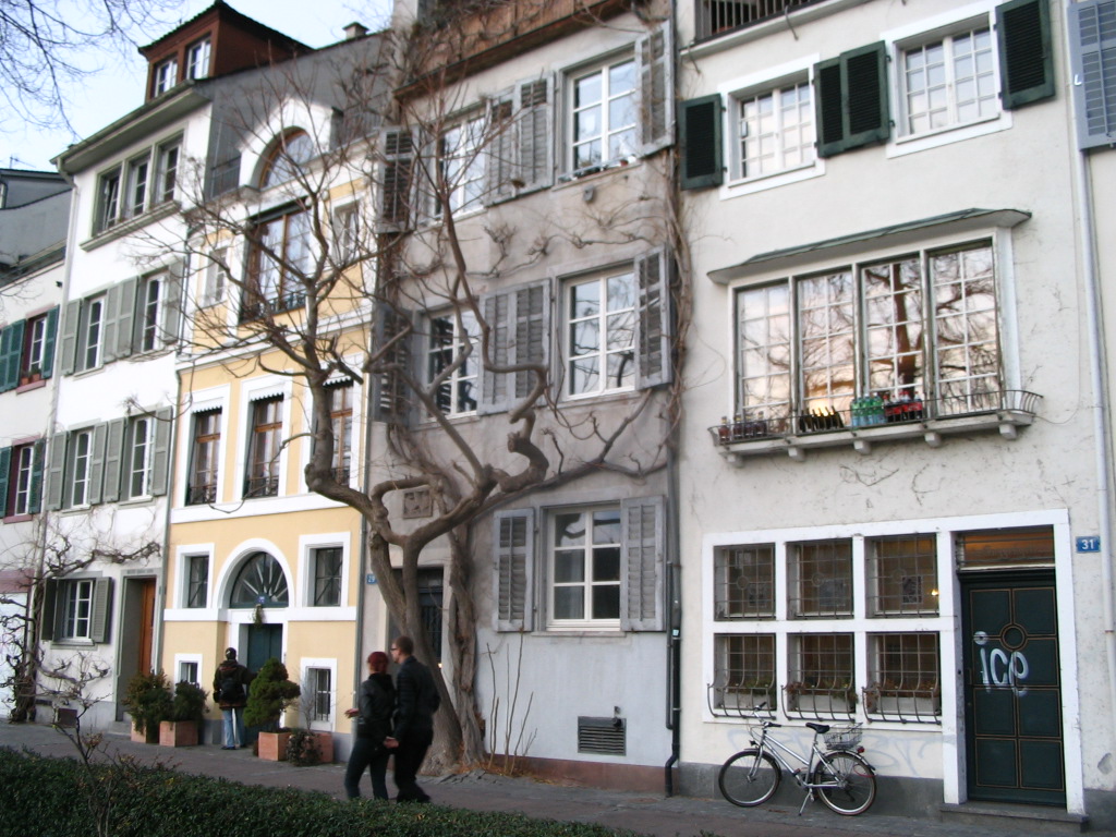 Jellegezetes bázeli lakóházak a Rajna partján