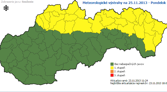 A sárgával jelölt részekre várnak havazást hétfőre (Térkép: SHMÚ)