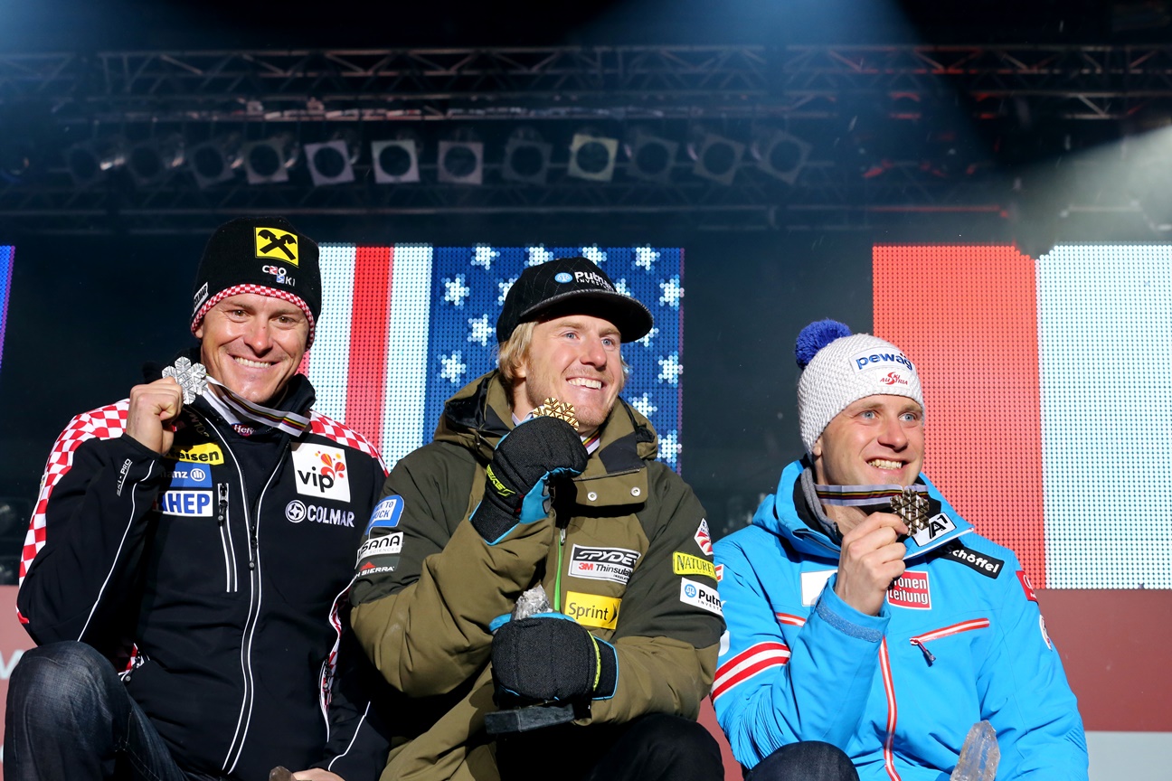 A férfi szuper-kombináció érmesei: Ligety, Kostelic és harmadikként az osztrák Romed Baumann.