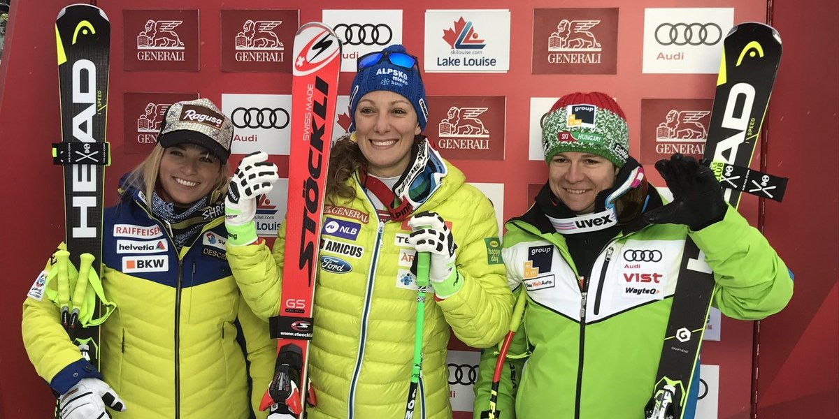 Jó ezt a képet nézegetni :) Balról jobbra: Lara Gut (2.), Ilka Stuhec (1.) és Miklós Edit (3.)